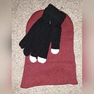 Black and Maroon Knit Beanie and Gloves Set, Unisex